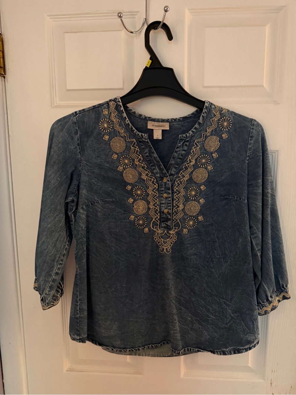 Dressbarn Embroidered Denim Tunic Top Blue Mineral Wash 3/4 Sleeve Small